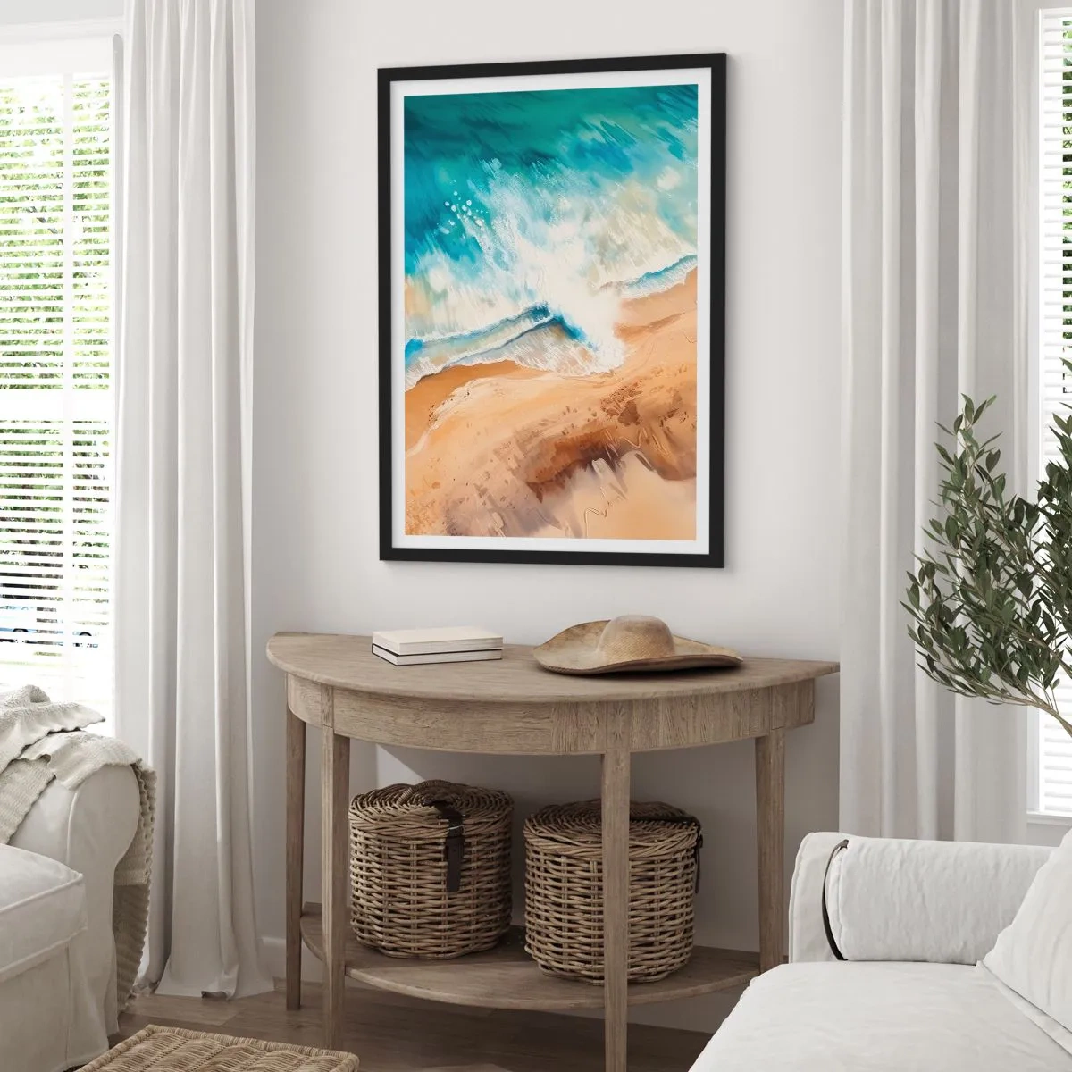 Plakat i sort ramme - En abstrakt scene af en bølge, der slår ind mod kysten i nuancer af turkis og sand. - 50x70cm - Tilbagevendende bølge - Moderne vægdekoration til stue og soveværelse ARTTOR