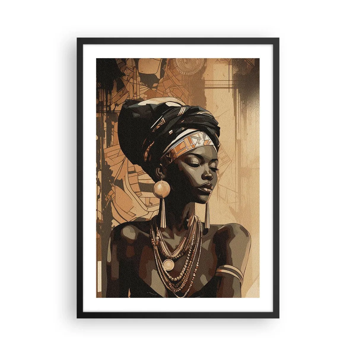 Plakat i sort ramme - Portræt af en afrikansk kvinde iført traditionelle ornamenter - 50x70cm - Afrikansk majestæt - Moderne vægdekoration til stue og soveværelse ARTTOR