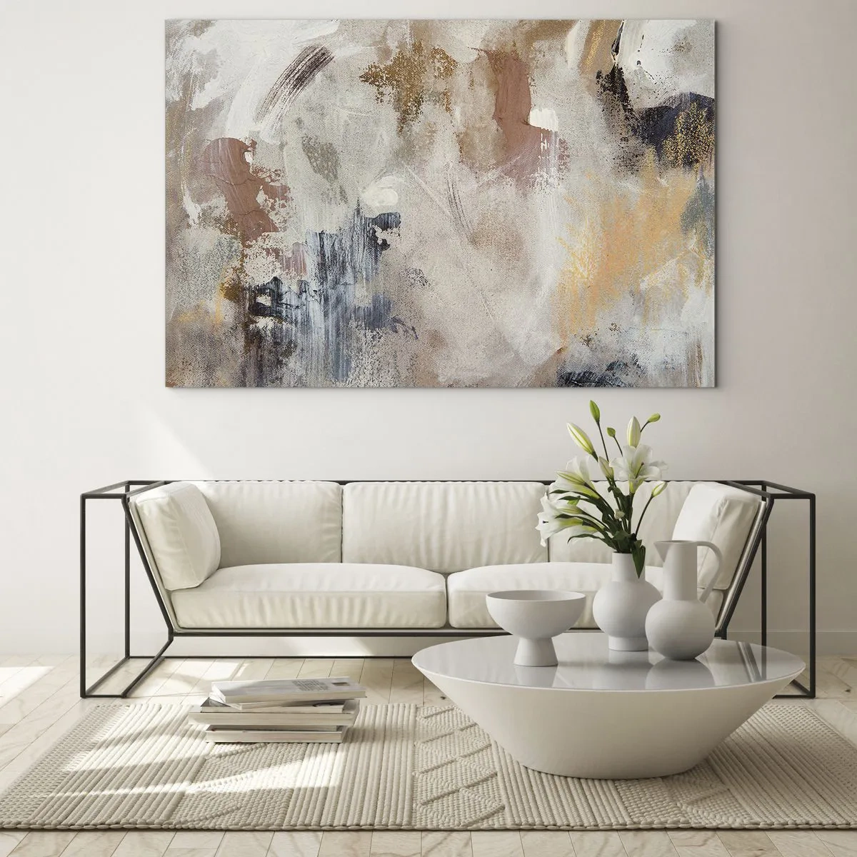 Billede på glas - Beige og brun abstrakt komposition i en diset stil - 70x50cm - Tågeagtig abstraktion - Moderne vægdekoration til stue og soveværelse ARTTOR