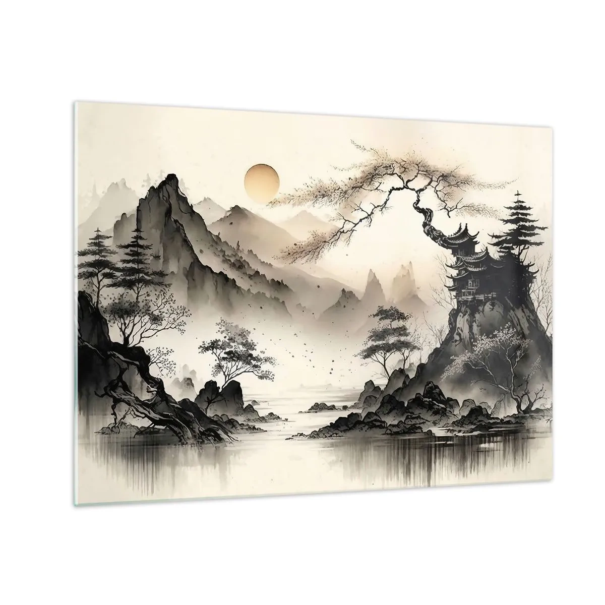 Billede på glas - Orientalsk bjerglandskab med en pagode og træer - 70x50cm - Orientens unikke charme - Moderne vægdekoration til stue og soveværelse ARTTOR