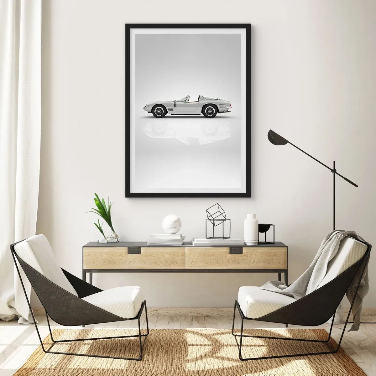 Plakat i sort ramme - Klassisk hvid cabriolet på en neutral baggrund - 50x70cm - Løftet om sjov - Moderne vægdekoration til stue og soveværelse ARTTOR