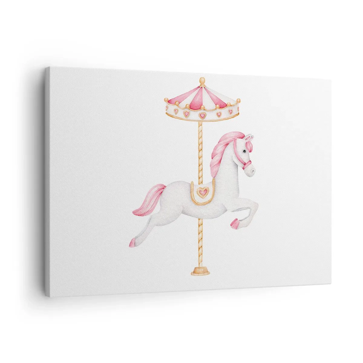 Lærredstryk - Billede på lærred - En karruselhest i pastelfarver af lyserød - 70x50cm - Han satte af sted med en hov - Moderne vægdekoration til stue og soveværelse ARTTOR