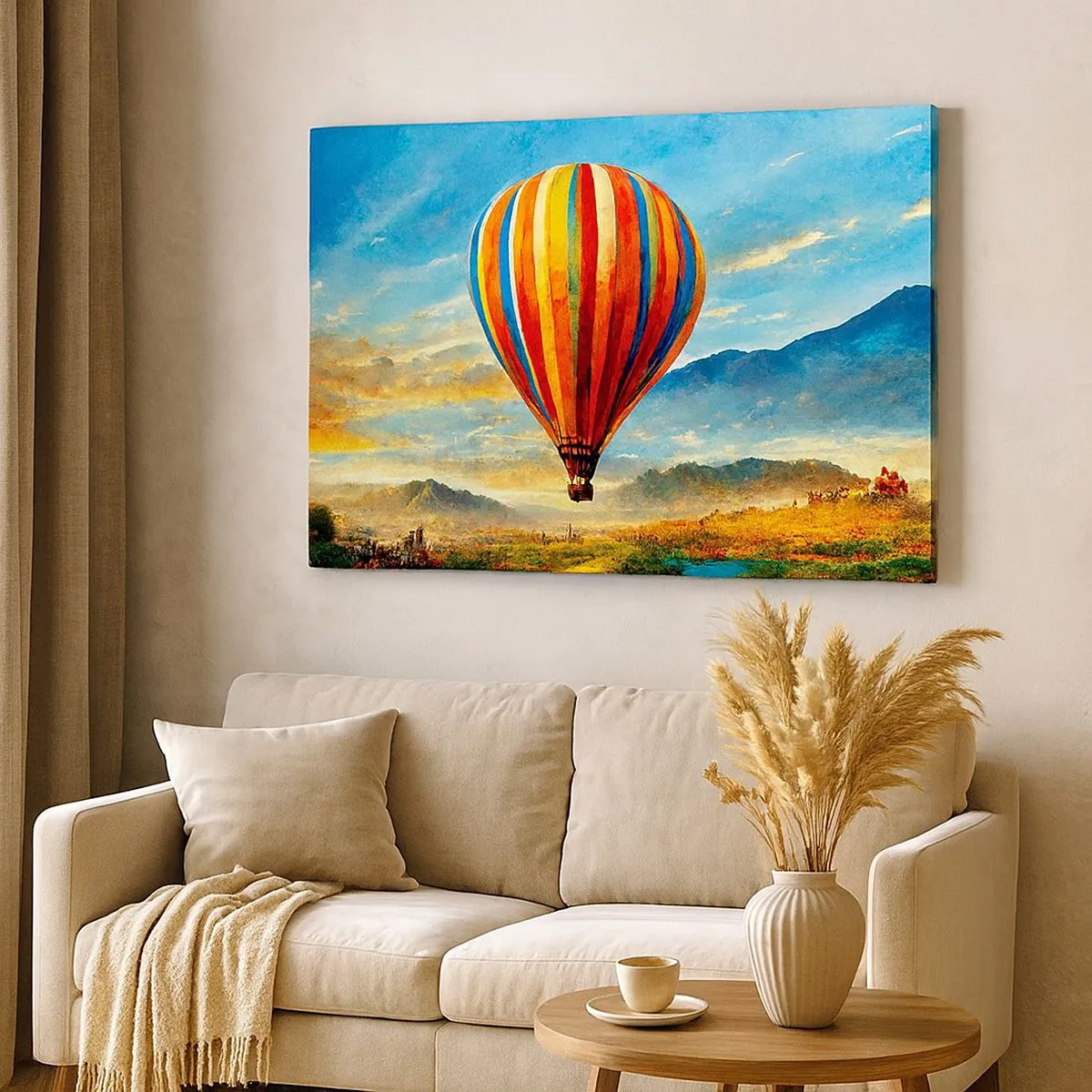 Lærredstryk - Billede på lærred - En farverig ballon over et malerisk landskab - 70x50cm - I stilhed kan du se mere - Moderne vægdekoration til stue og soveværelse ARTTOR