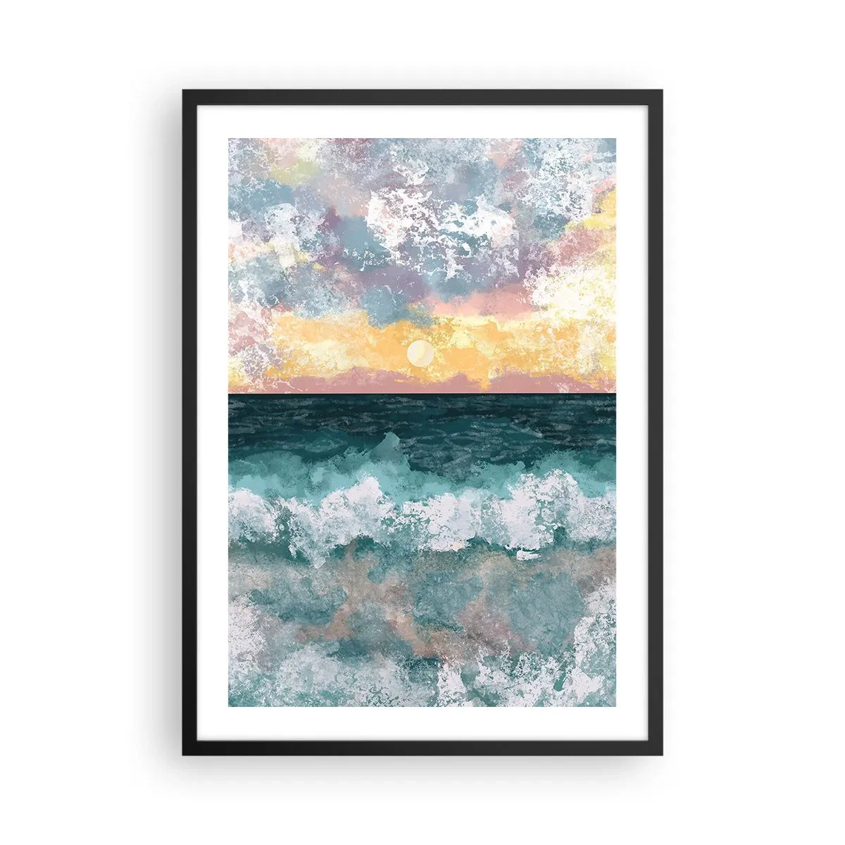 Plakat i sort ramme - Havbølger og solnedgang i akvarelstil - 50x70cm - Vand, lys, luft - Moderne vægdekoration til stue og soveværelse ARTTOR