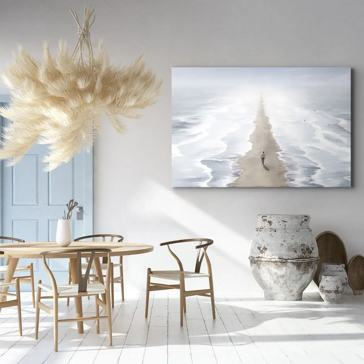 Lærredstryk - Billede på lærred - En figur på en ensom vej midt i et vidtstrakt vandlandskab - 70x50cm - Lys fremtid - Moderne vægdekoration til stue og soveværelse ARTTOR