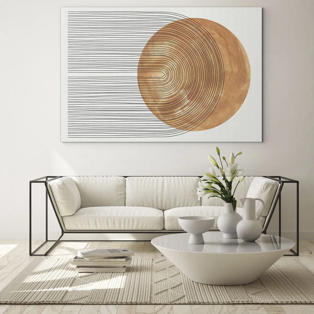 Billede på glas - Geometrisk form med koncentriske linjer og en gylden cirkel - 70x50cm - En solrig komposition - Moderne vægdekoration til stue og soveværelse ARTTOR