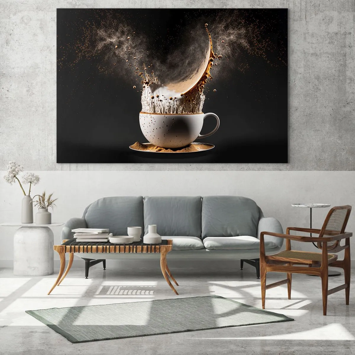 Billede på glas - Kaffesprøjt med mælk i et dynamisk billede - 70x50cm - En eksplosion af smag - Moderne vægdekoration til stue og soveværelse ARTTOR