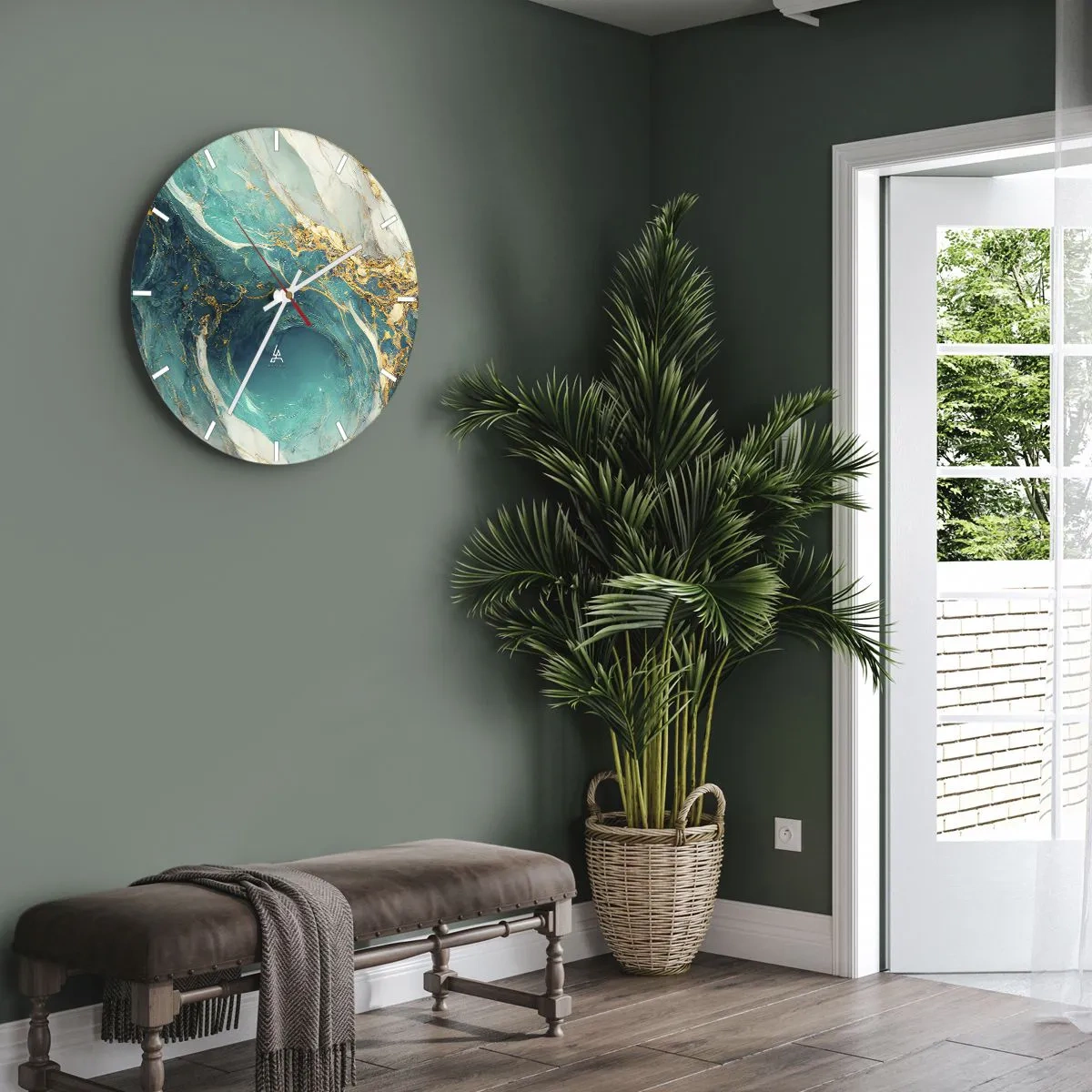 Vægur, Uret - Turkis abstrakt med hvirvlende guldmønster - 30x30cm - Komposition med årer af guld - Moderne vægdekoration til stue, køkken og soveværelse ARTTOR