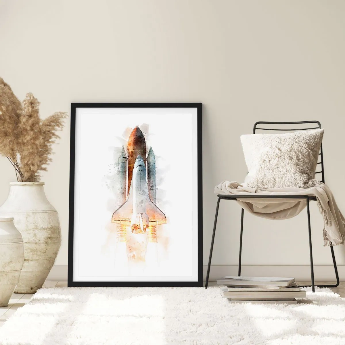 Plakat i sort ramme - Akvarellignende rumfærge letter - 50x70cm - Opdagelsesrejsende i starten - Moderne vægdekoration til stue og soveværelse ARTTOR