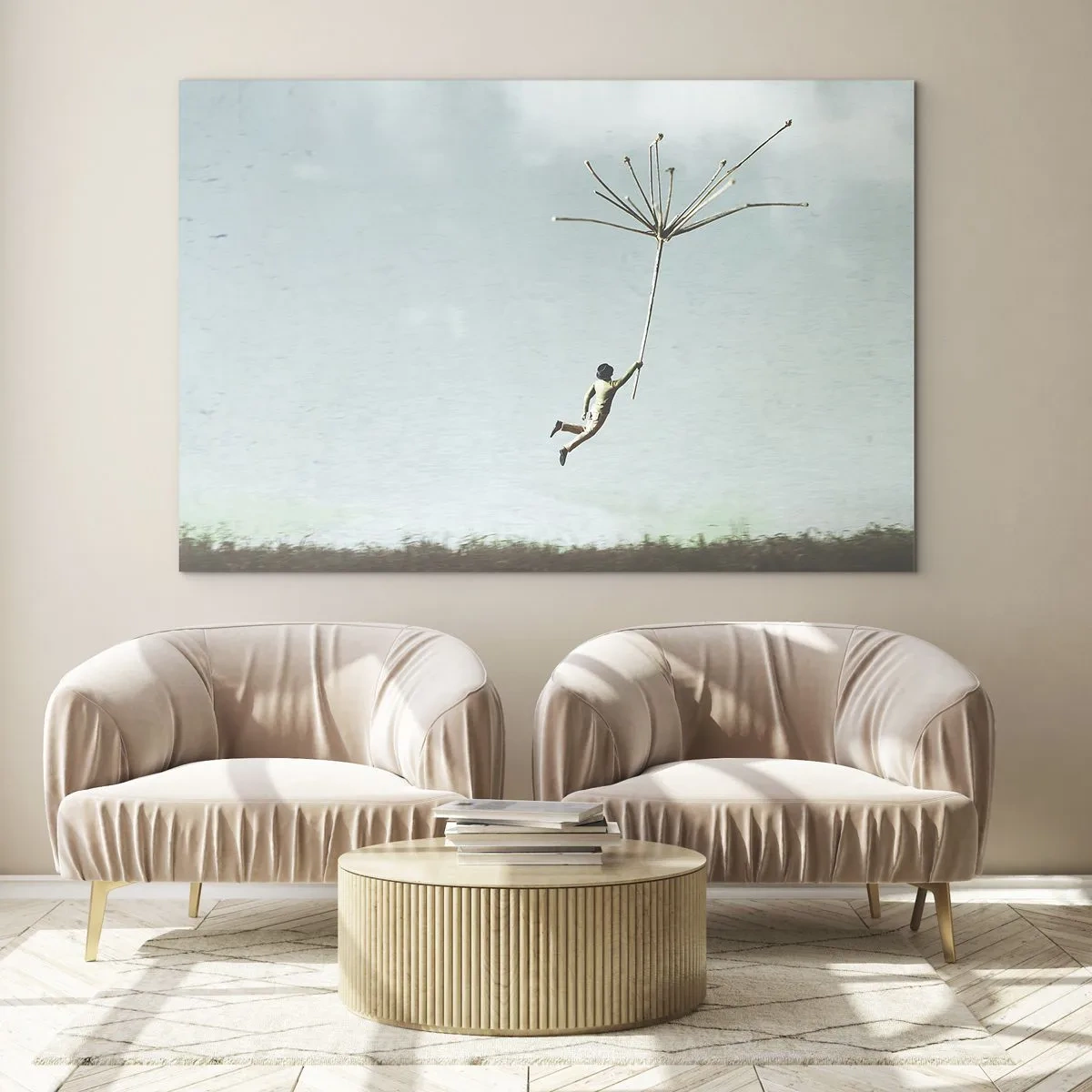 Billede på glas - En dreng, der flyver med et mælkebøttefrø over en eng - 70x50cm - Drager, blæsere, vind - Moderne vægdekoration til stue og soveværelse ARTTOR
