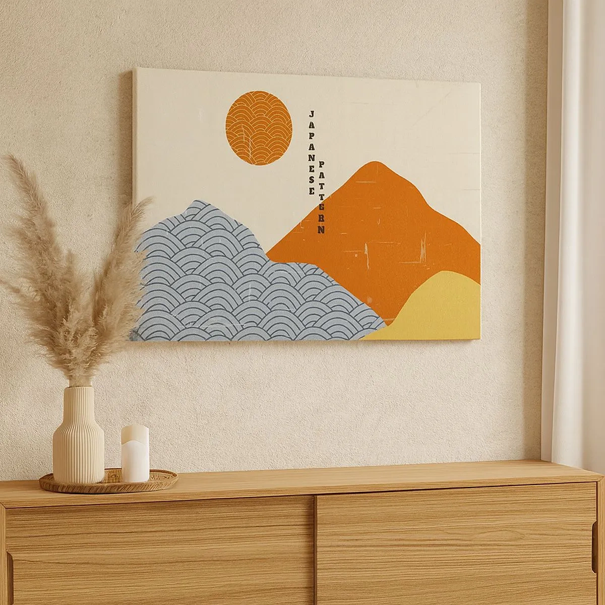 Lærredstryk - Billede på lærred - Japanske mønstre med bjerge, sol og minimalistisk stil - 70x50cm - I den japanske ånd - Moderne vægdekoration til stue og soveværelse ARTTOR