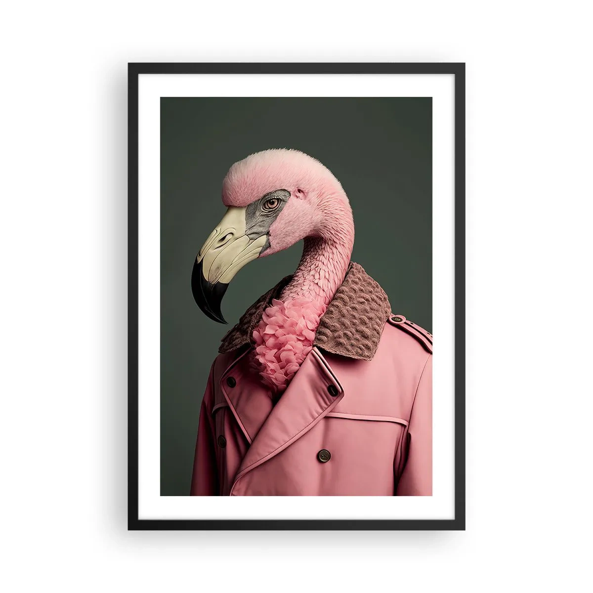 Plakat i sort ramme - En stilfuld flamingo i en elegant frakke - 50x70cm - En ægte elegant mand - Moderne vægdekoration til stue og soveværelse ARTTOR