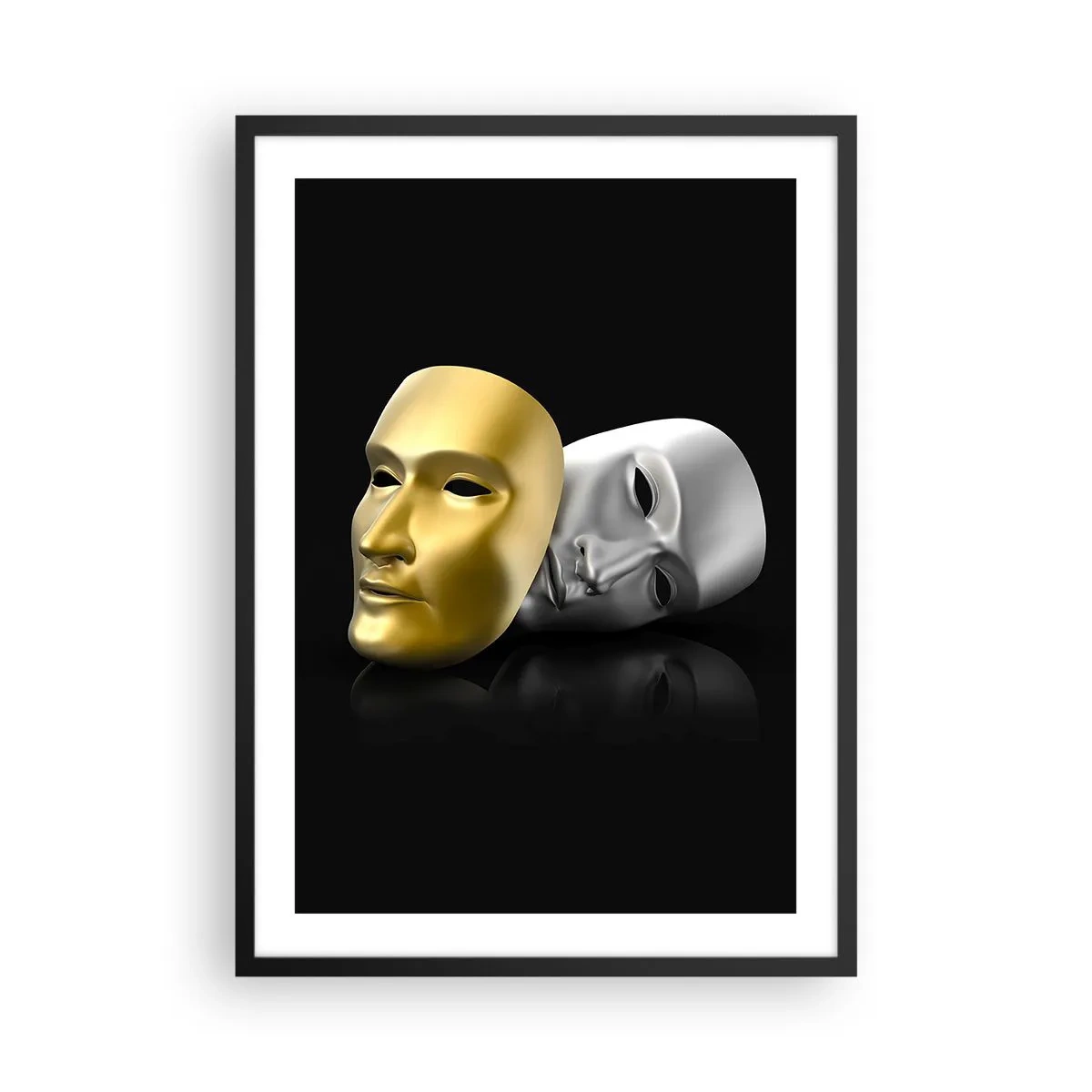 Plakat i sort ramme - Guld- og sølvmaske på sort baggrund - 50x70cm - Livet er teater - Moderne vægdekoration til stue og soveværelse ARTTOR