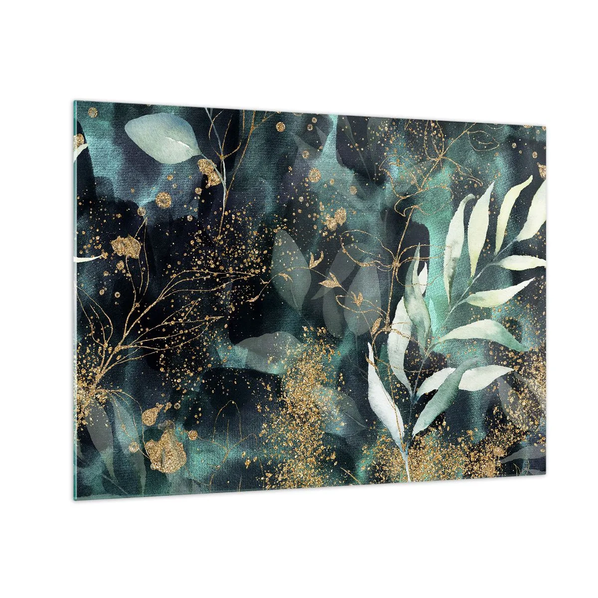 Billede på glas - Guld og grønne blade på en mørk baggrund - 70x50cm - Fortryllet have - Moderne vægdekoration til stue og soveværelse ARTTOR