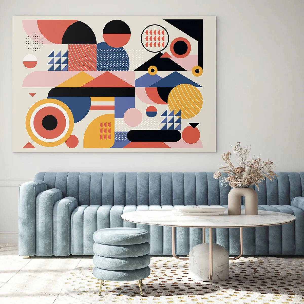 Billede på glas - Farverig geometrisk abstraktion med cirkler og trekanter - 70x50cm - Komposition: Leg - Moderne vægdekoration til stue og soveværelse ARTTOR