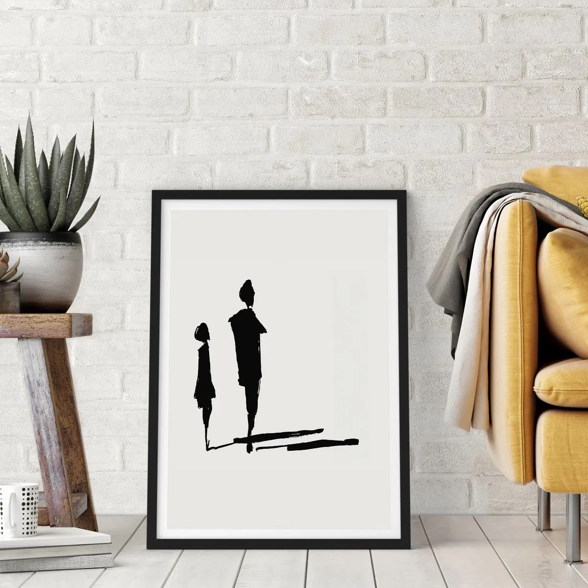Plakat i sort ramme - Silhuetter af to figurer i sort på en lys baggrund - 50x70cm - Sikkert sammen? - Moderne vægdekoration til stue og soveværelse ARTTOR