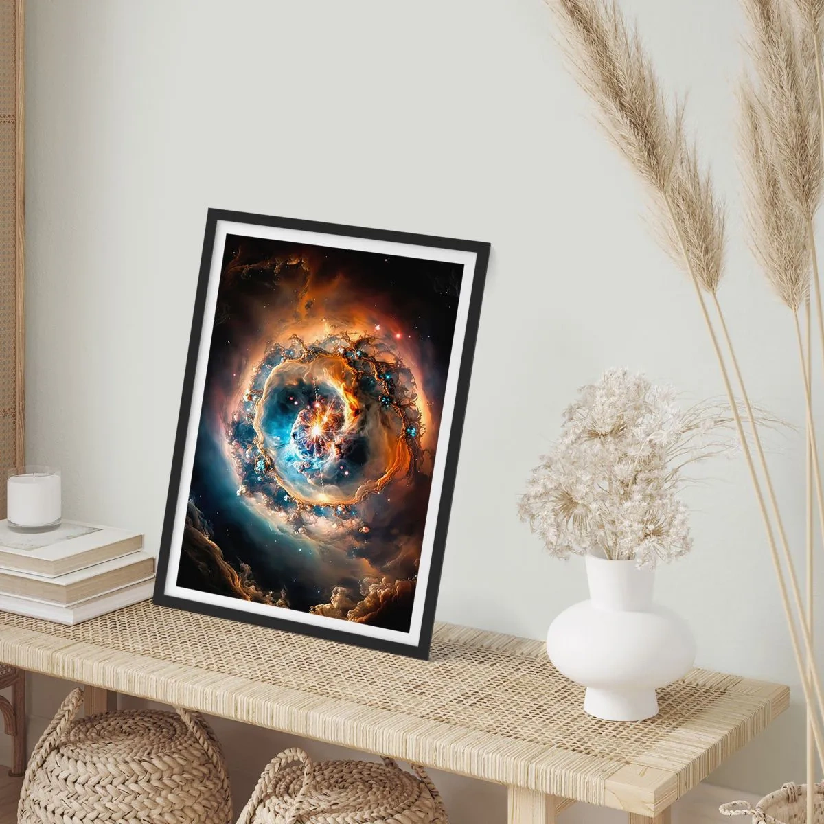 Plakat i sort ramme - En kosmisk eksplosion af lys og energi i det galaktiske rum. - 50x70cm - Begyndelse - Moderne vægdekoration til stue og soveværelse ARTTOR