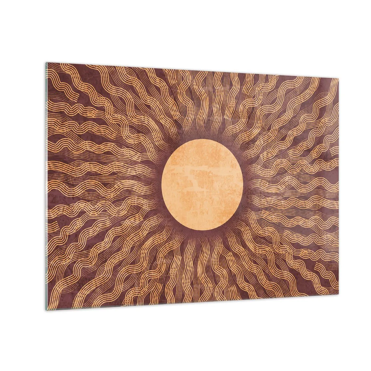Billede på glas - En stiliseret sol med stråler i form af bølgede linjer på en brun baggrund. - 70x50cm - Ikon for solen - Moderne vægdekoration til stue og soveværelse ARTTOR
