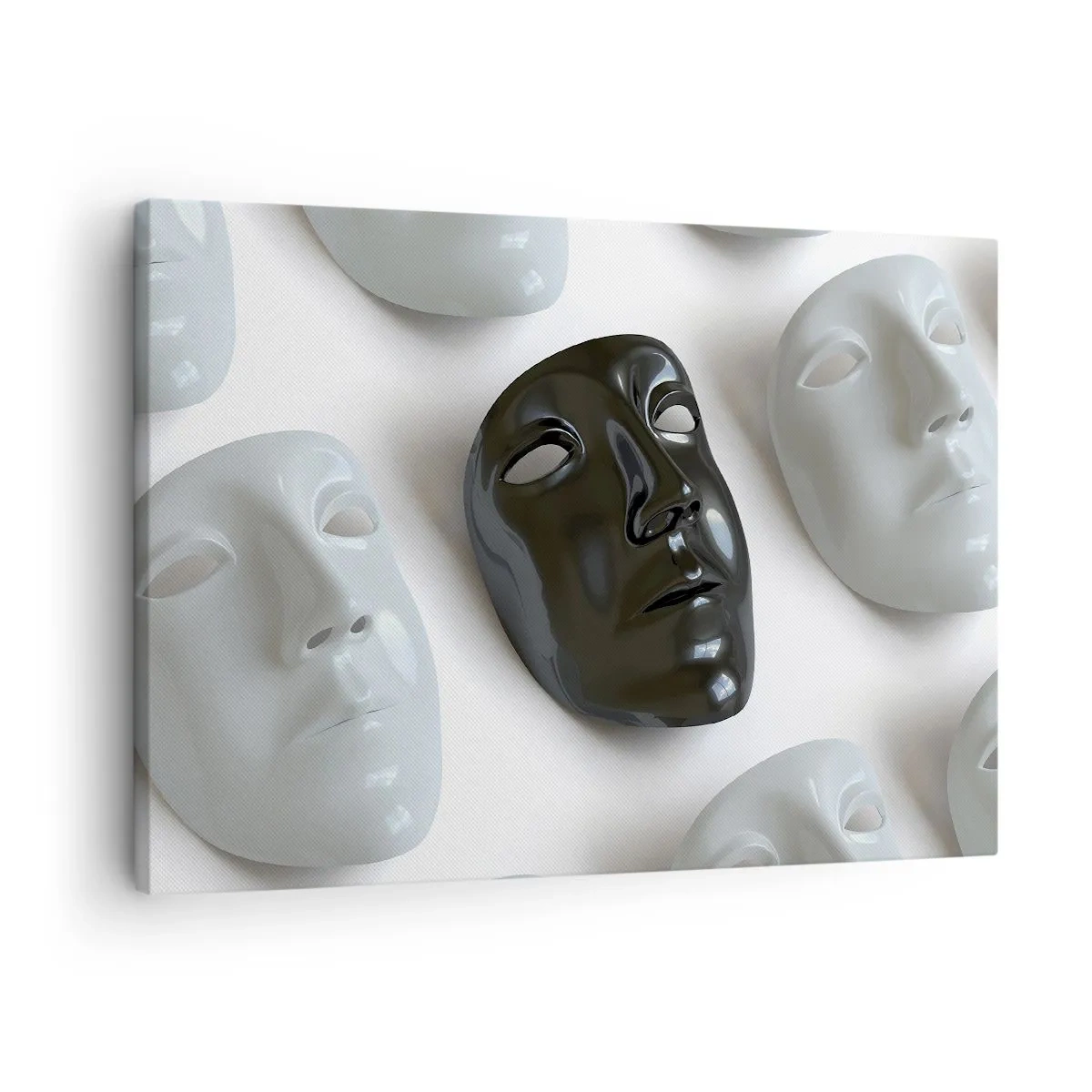 Lærredstryk - Billede på lærred - Sorte og hvide masker på en lys baggrund - 70x50cm - Hvordan skiller man sig ud? - Moderne vægdekoration til stue og soveværelse ARTTOR
