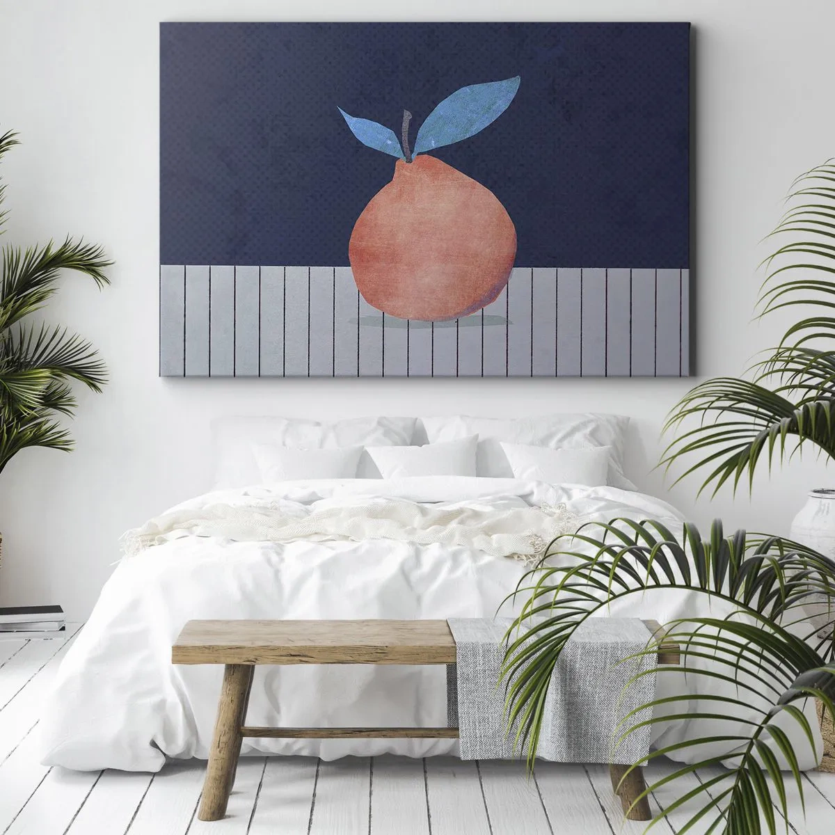 Lærredstryk - Billede på lærred - Abstrakt frugt mod en baggrund af kontrasterende farver og lige linjer. - 70x50cm - Konveksitet og plan - Moderne vægdekoration til stue og soveværelse ARTTOR