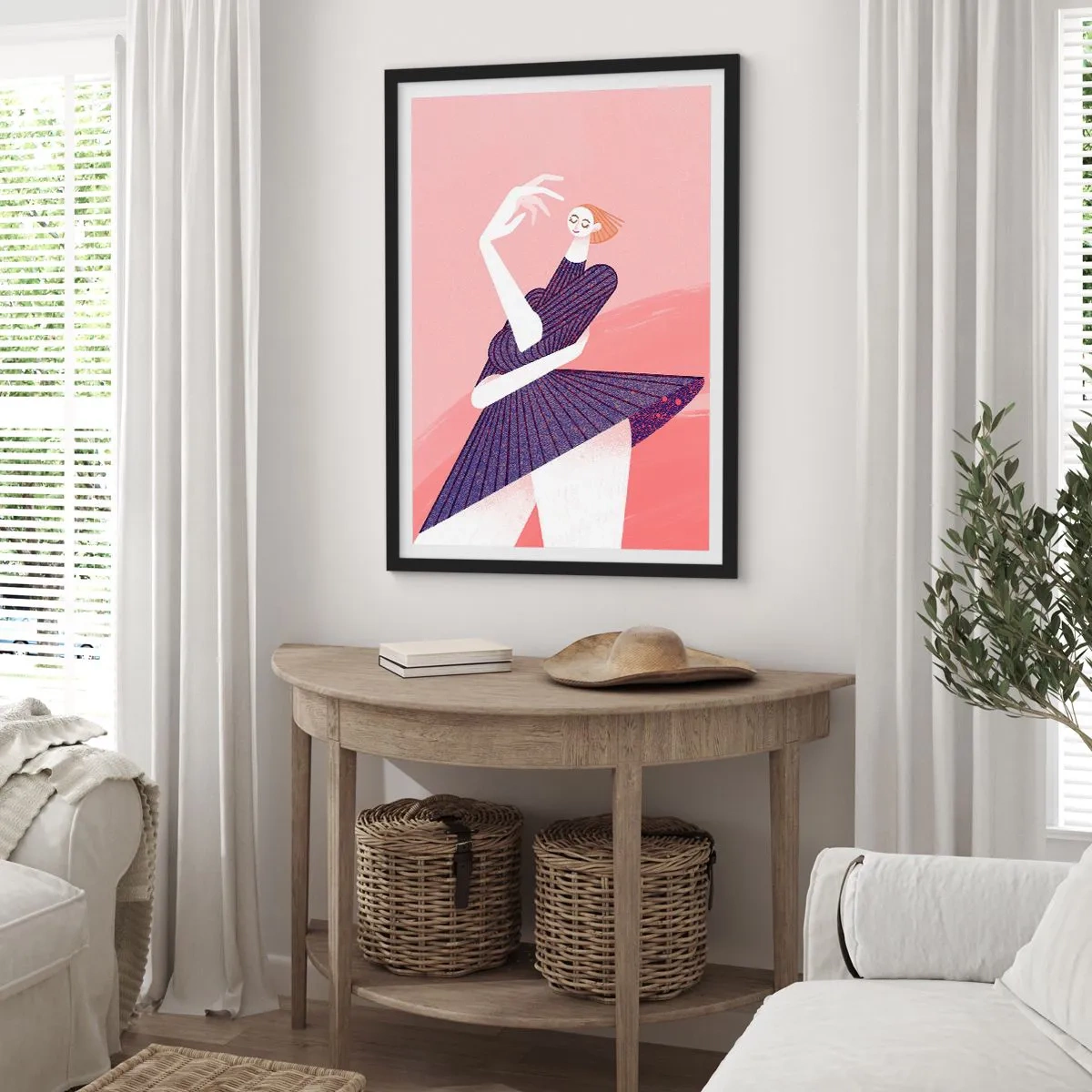 Plakat i sort ramme - Abstrakt kvindelig silhuet i en dynamisk positur - 50x70cm - Hvert skridt en dansende pas - Moderne vægdekoration til stue og soveværelse ARTTOR