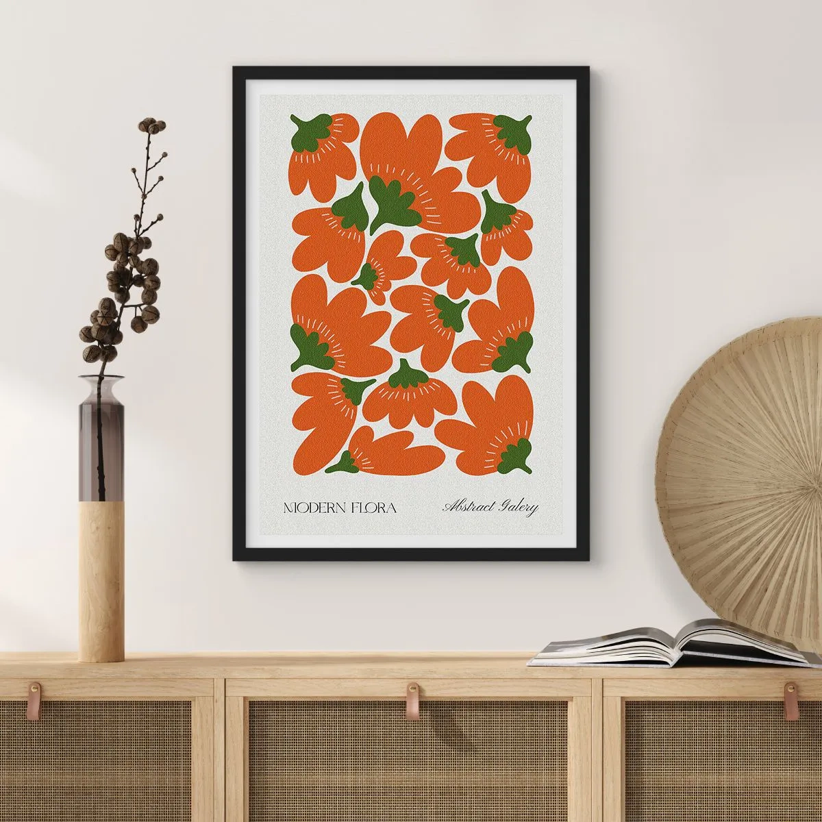 Plakat i sort ramme - Abstrakte orange blomster på en lys baggrund - 50x70cm - Fra en blomsts liv - Moderne vægdekoration til stue og soveværelse ARTTOR
