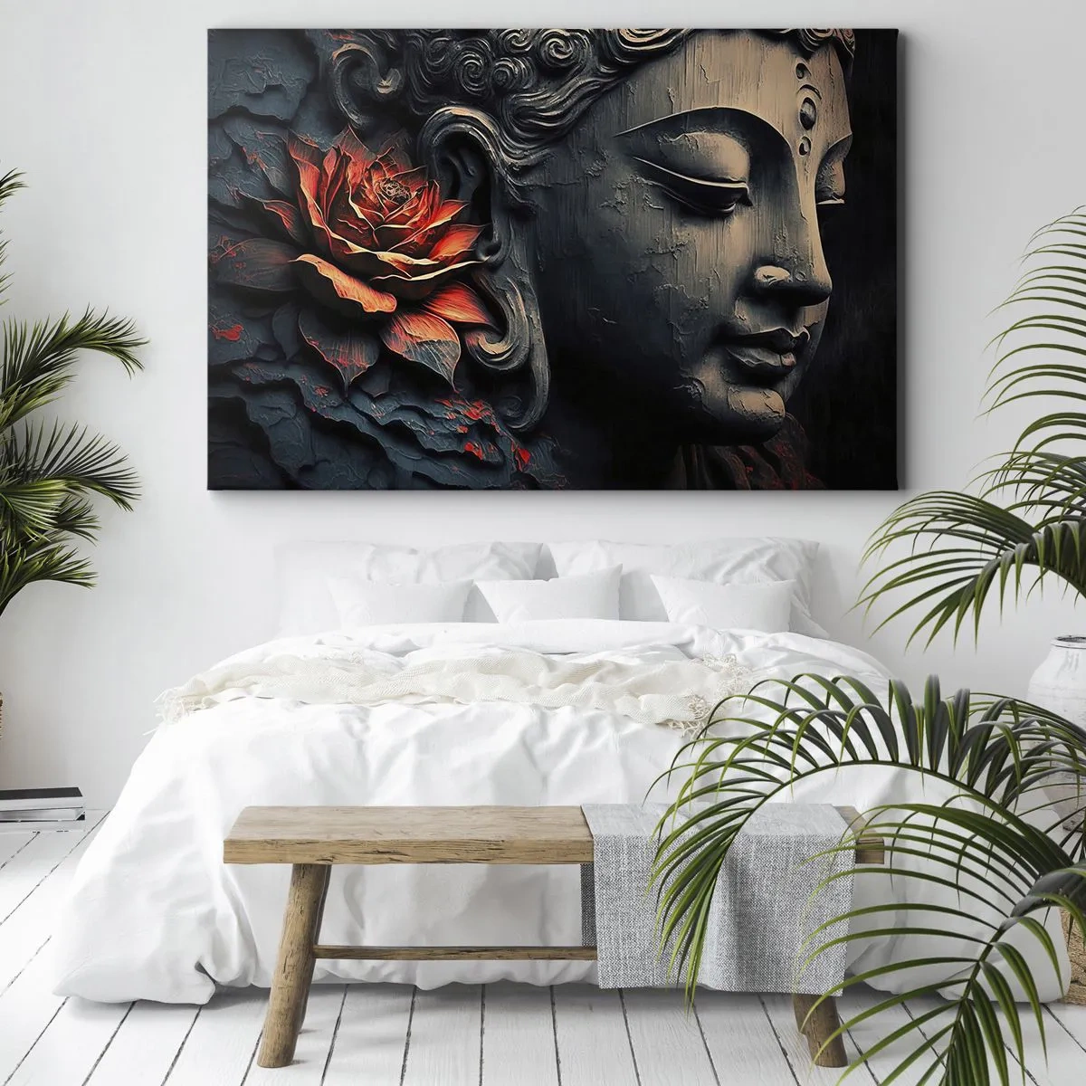 Lærredstryk - Billede på lærred - Buddha-skulptur med en rød lotusblomst - 70x50cm - I pagt med verden - Moderne vægdekoration til stue og soveværelse ARTTOR