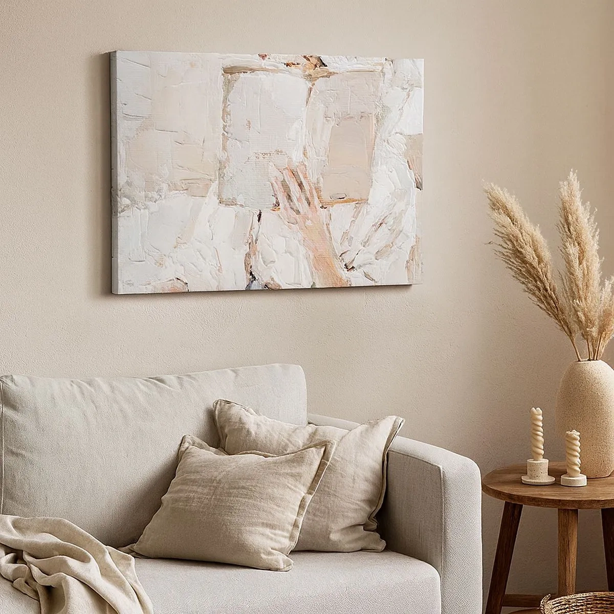 Lærredstryk - Billede på lærred - Et impressionistisk maleri af en hånd, der holder en åben bog. - 70x50cm - I en anden verden - Moderne vægdekoration til stue og soveværelse ARTTOR