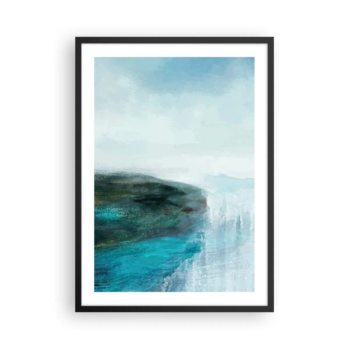 Plakat i sort ramme - Et malerisk landskab med en klippe over vandet i blå nuancer. - 50x70cm - Marin abstraktion - Moderne vægdekoration til stue og soveværelse ARTTOR