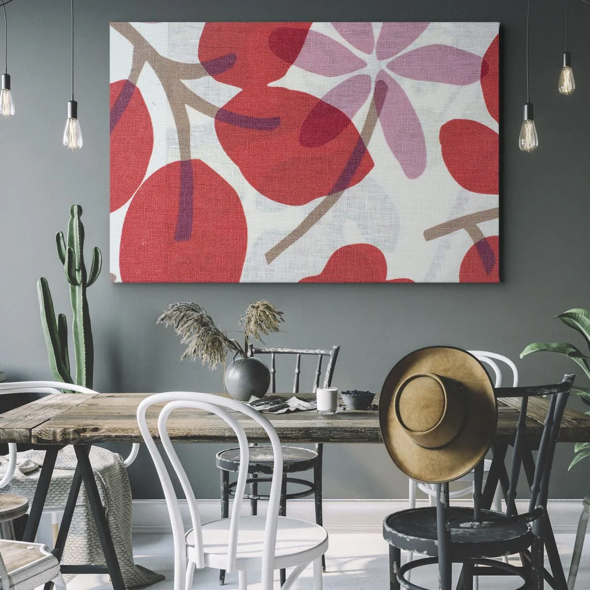 Lærredstryk - Billede på lærred - Blomster og blade i nuancer af rød og lyserød - 70x50cm - Blomsterkomposition i pink - Moderne vægdekoration til stue og soveværelse ARTTOR