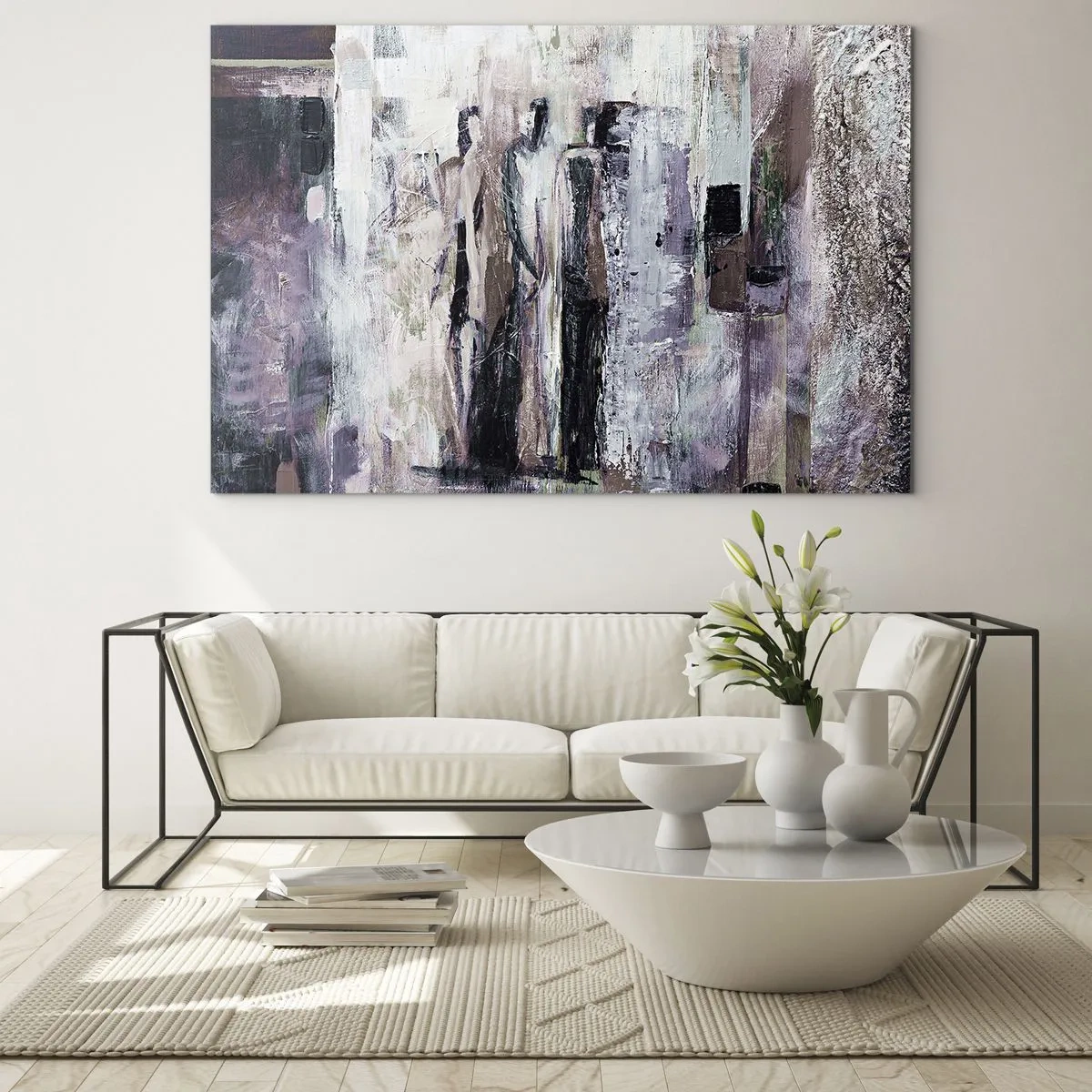 Billede på glas - Abstrakte silhuetter af figurer mod en tekstureret malingbaggrund - 70x50cm - De mystiske tre - Moderne vægdekoration til stue og soveværelse ARTTOR