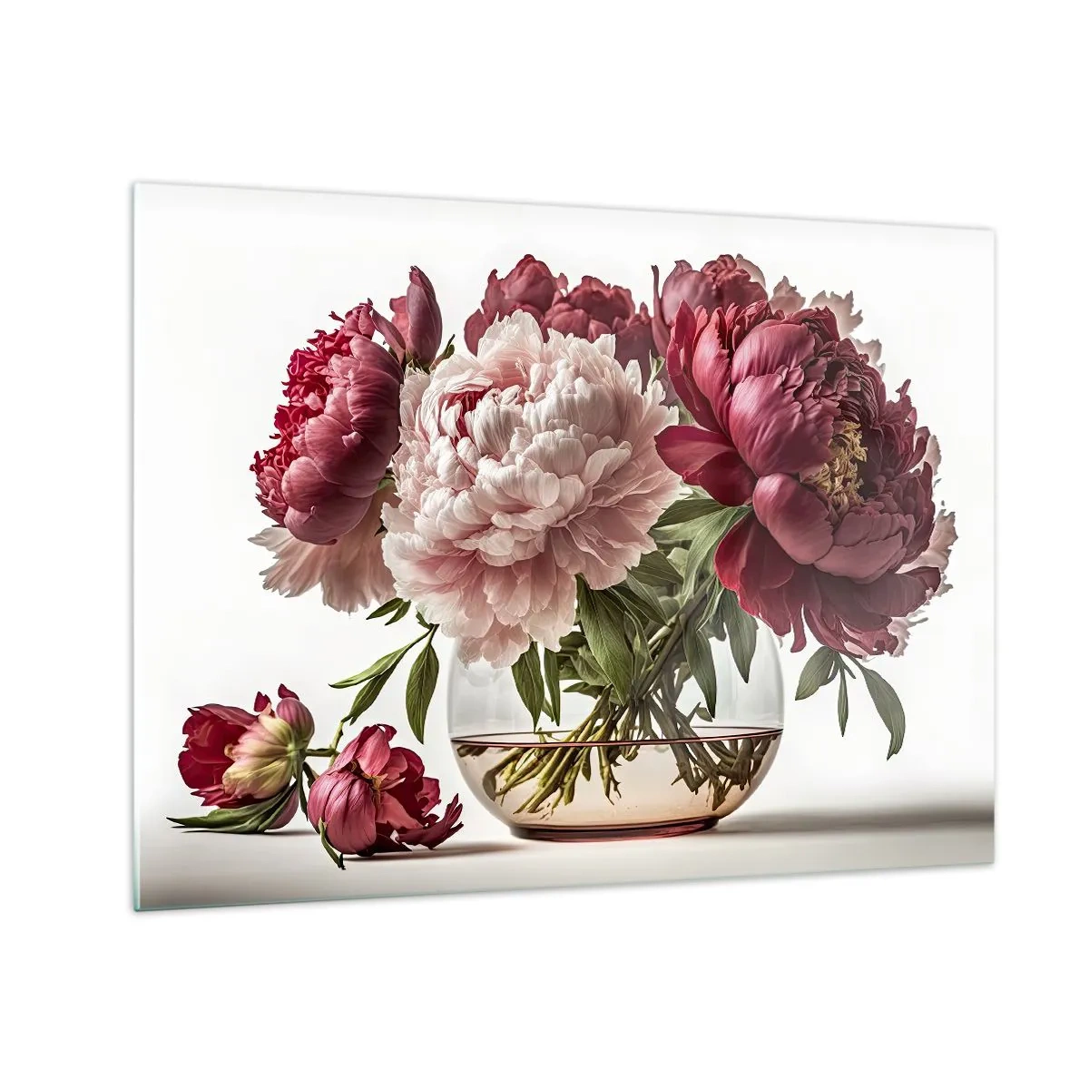 Billede på glas - En buket pæoner i en glasvase på en lys baggrund - 70x50cm - I fuldt flor af skønhed - Moderne vægdekoration til stue og soveværelse ARTTOR