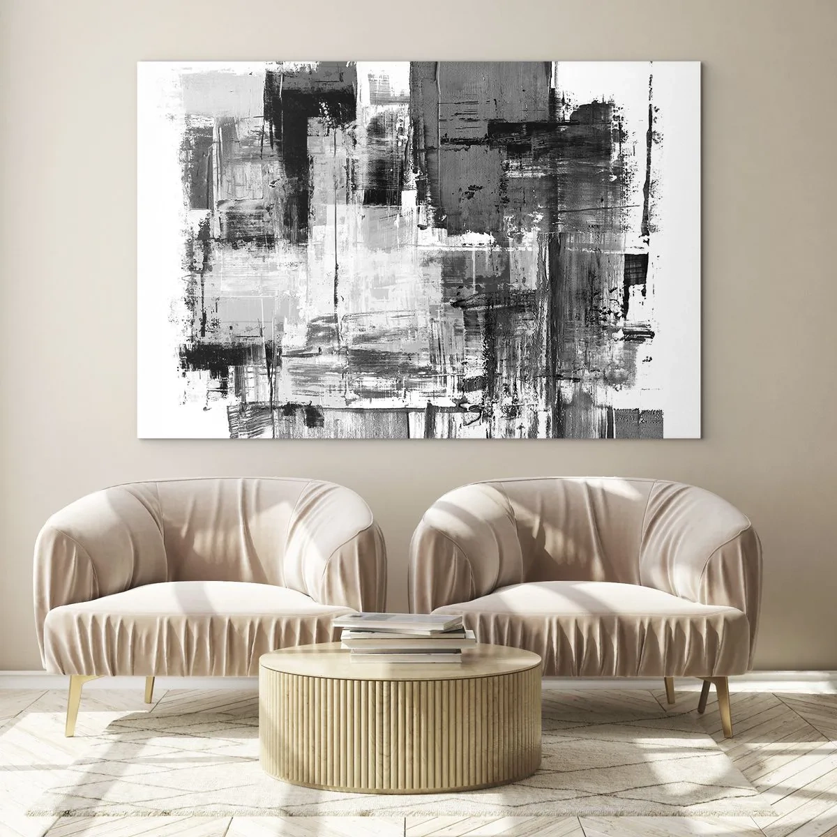 Billede på glas - Sort-hvid abstraktion med en geometrisk struktur - 70x50cm - Gråt er smukt - Moderne vægdekoration til stue og soveværelse ARTTOR
