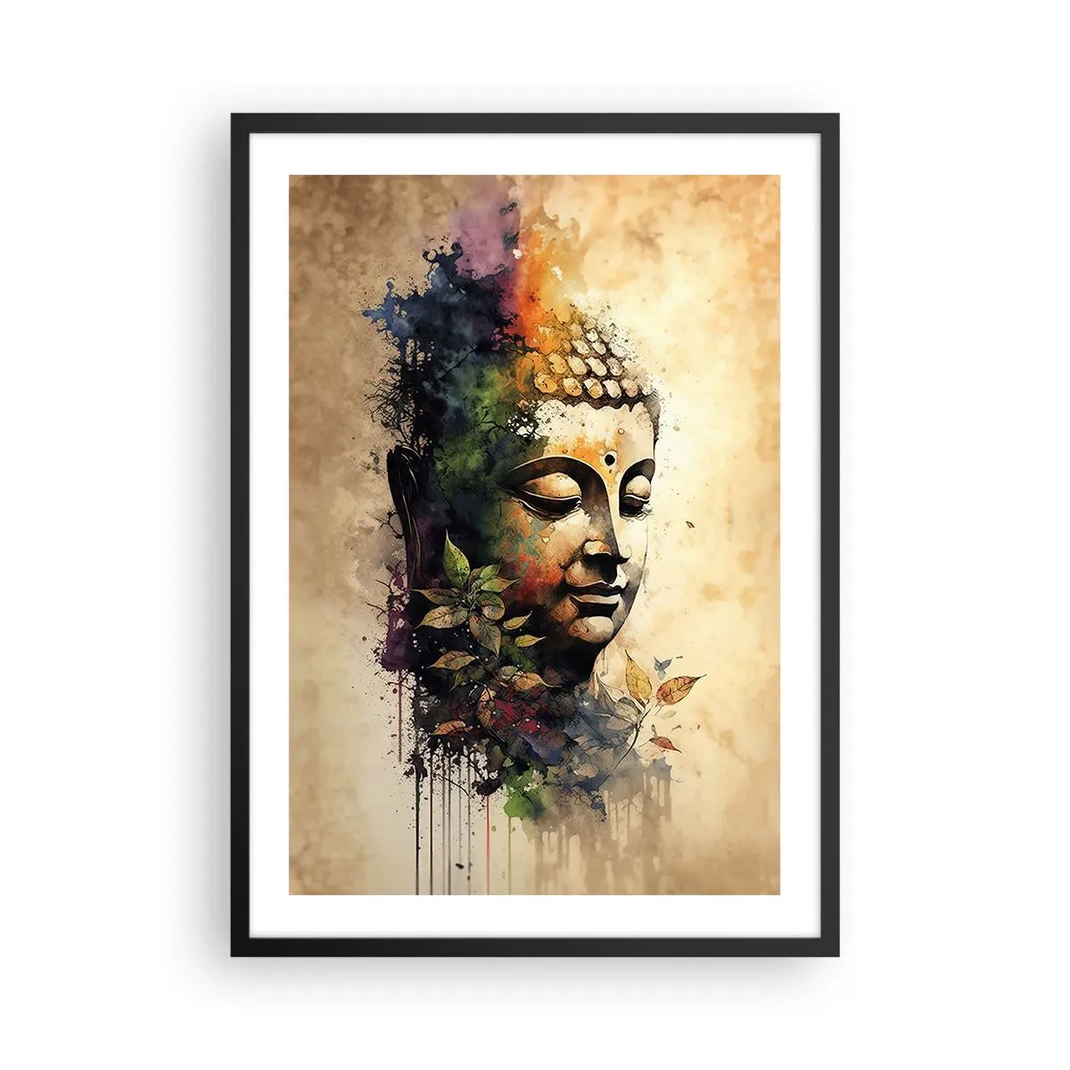 Plakat i sort ramme - Et farverigt portræt af Buddha i kunstnerisk akvarelstil. - 50x70cm - Namaste! - Moderne vægdekoration til stue og soveværelse ARTTOR