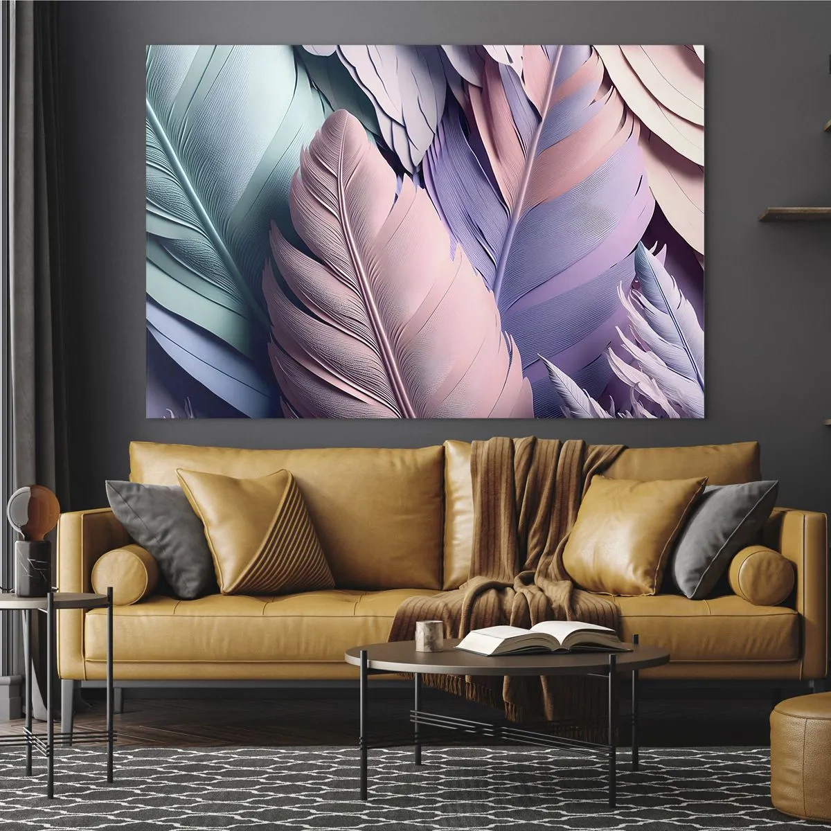 Billede på glas - Pastelfarvede fjer i nuancer af lyserød, lilla og turkis - 70x50cm - Chik fugl - Moderne vægdekoration til stue og soveværelse ARTTOR