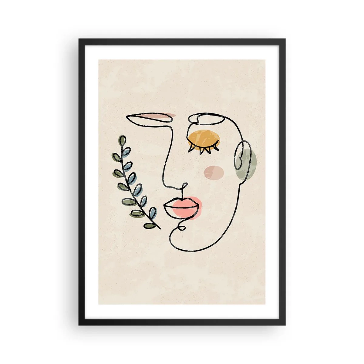 Plakat i sort ramme - Minimalistisk linjeportræt af en kvinde på en beige baggrund - 50x70cm - Ro fundet - Moderne vægdekoration til stue og soveværelse ARTTOR