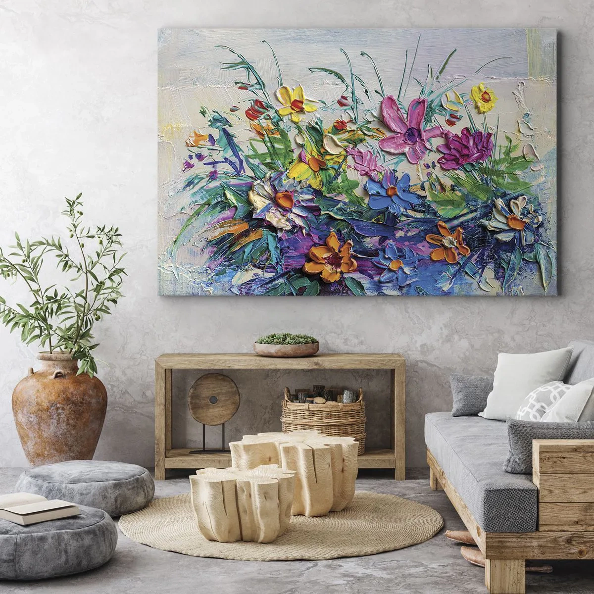 Lærredstryk - Billede på lærred - En farverig blomsterbuket malet med impasto-teknikken - 70x50cm - Overhovedet ikke et stilleben - Moderne vægdekoration til stue og soveværelse ARTTOR