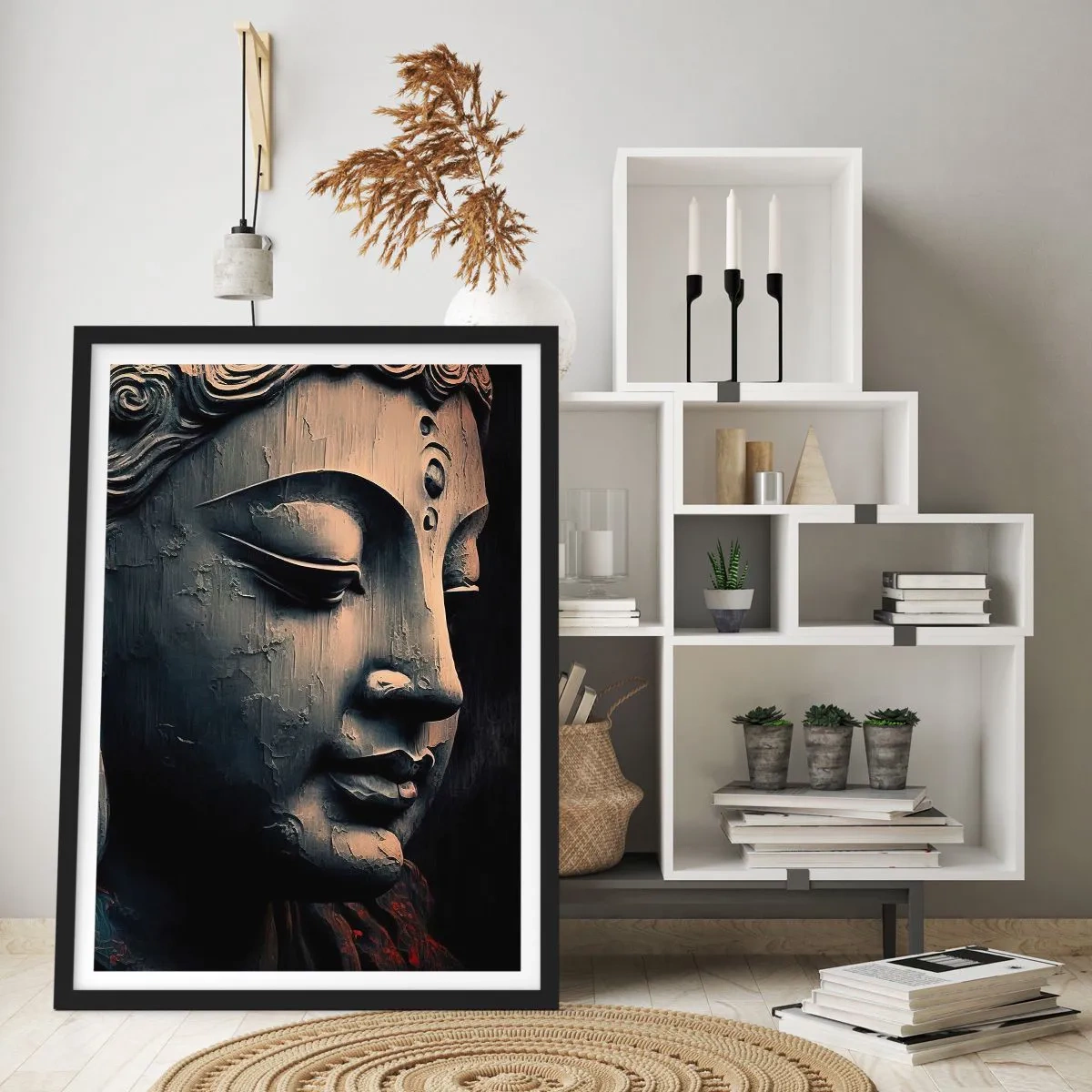 Plakat i sort ramme - Nærbillede af en Buddha-skulptur i varmt lys - 50x70cm - I pagt med verden - Moderne vægdekoration til stue og soveværelse ARTTOR