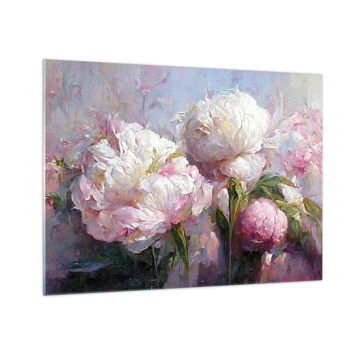 Billede på glas - Oliemaleri af blomstrende hvide og lyserøde pæoner - 70x50cm - En buket fyldt med liv - Moderne vægdekoration til stue og soveværelse ARTTOR