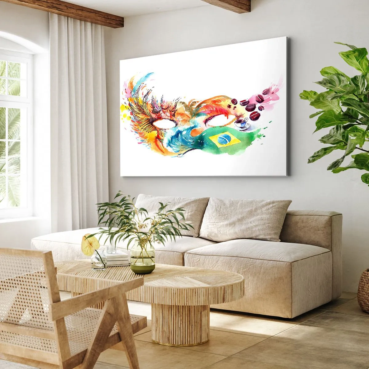 Lærredstryk - Billede på lærred - Farverig akvarelmaske inspireret af Brasilien - 70x50cm - Brasilien byder velkommen med samba - Moderne vægdekoration til stue og soveværelse ARTTOR