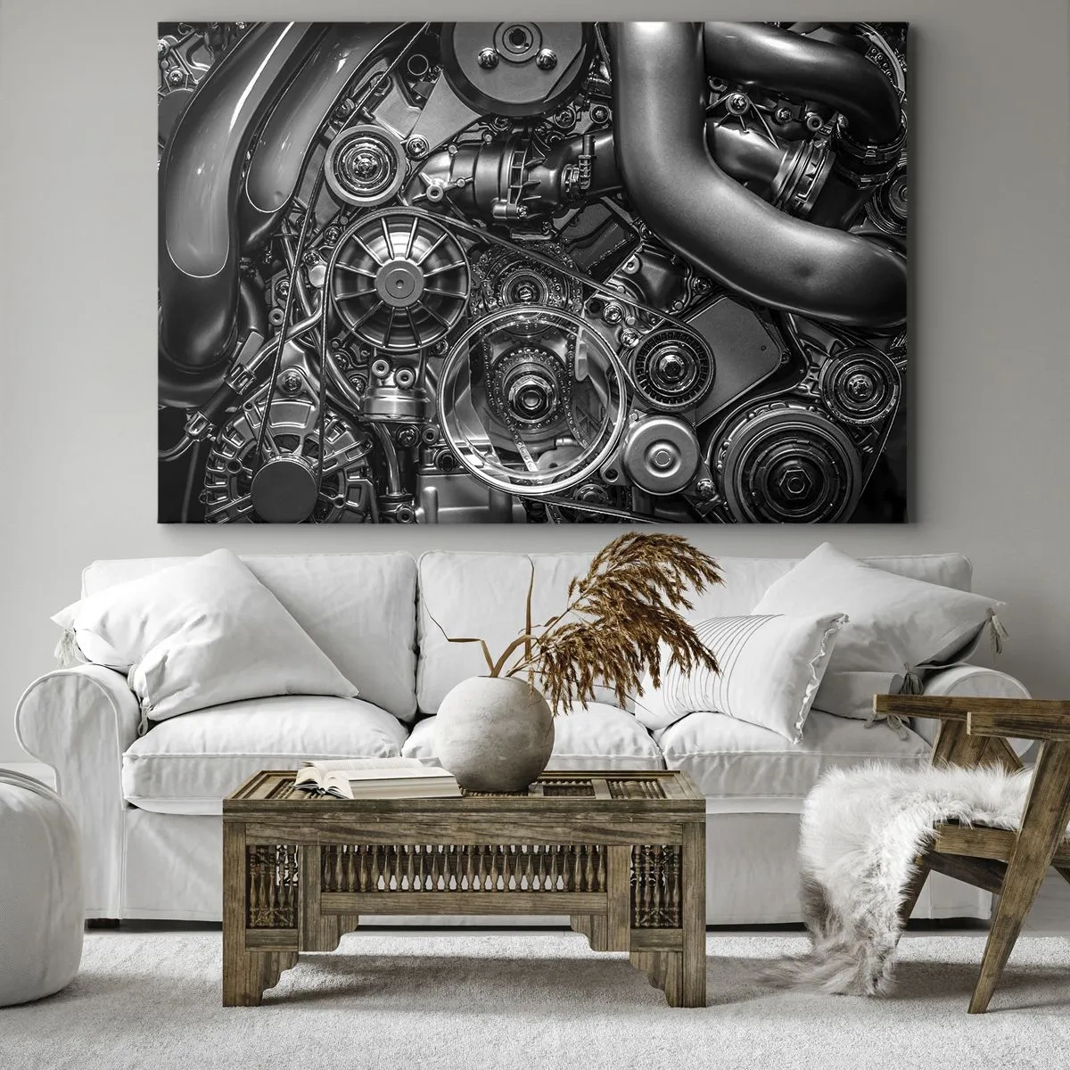 Lærredstryk - Billede på lærred - Sort-hvid nærbillede af de mekaniske detaljer i en bilmotor. - 70x50cm - Mekanikkens poesi - Moderne vægdekoration til stue og soveværelse ARTTOR