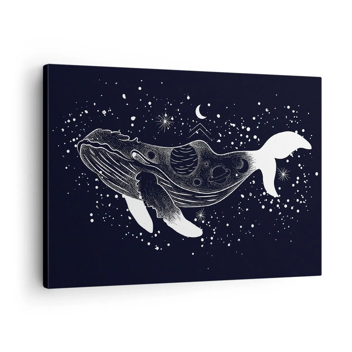 Lærredstryk - Billede på lærred - En grafisk illustration af en hval i rumalderstil. - 70x50cm - I universets ocean - Moderne vægdekoration til stue og soveværelse ARTTOR