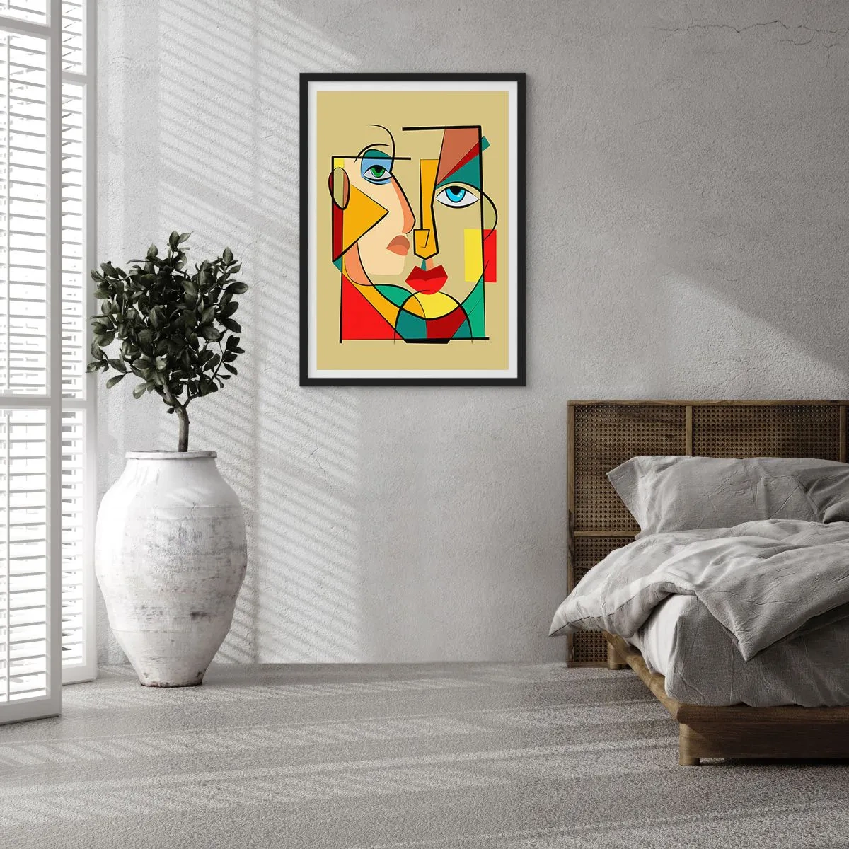 Plakat i sort ramme - Et kubistisk portræt i intense farver - 50x70cm - Et matchende par - Moderne vægdekoration til stue og soveværelse ARTTOR