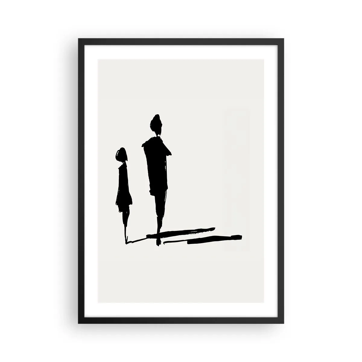 Plakat i sort ramme - Silhuetter af to figurer i sort på en lys baggrund - 50x70cm - Sikkert sammen? - Moderne vægdekoration til stue og soveværelse ARTTOR