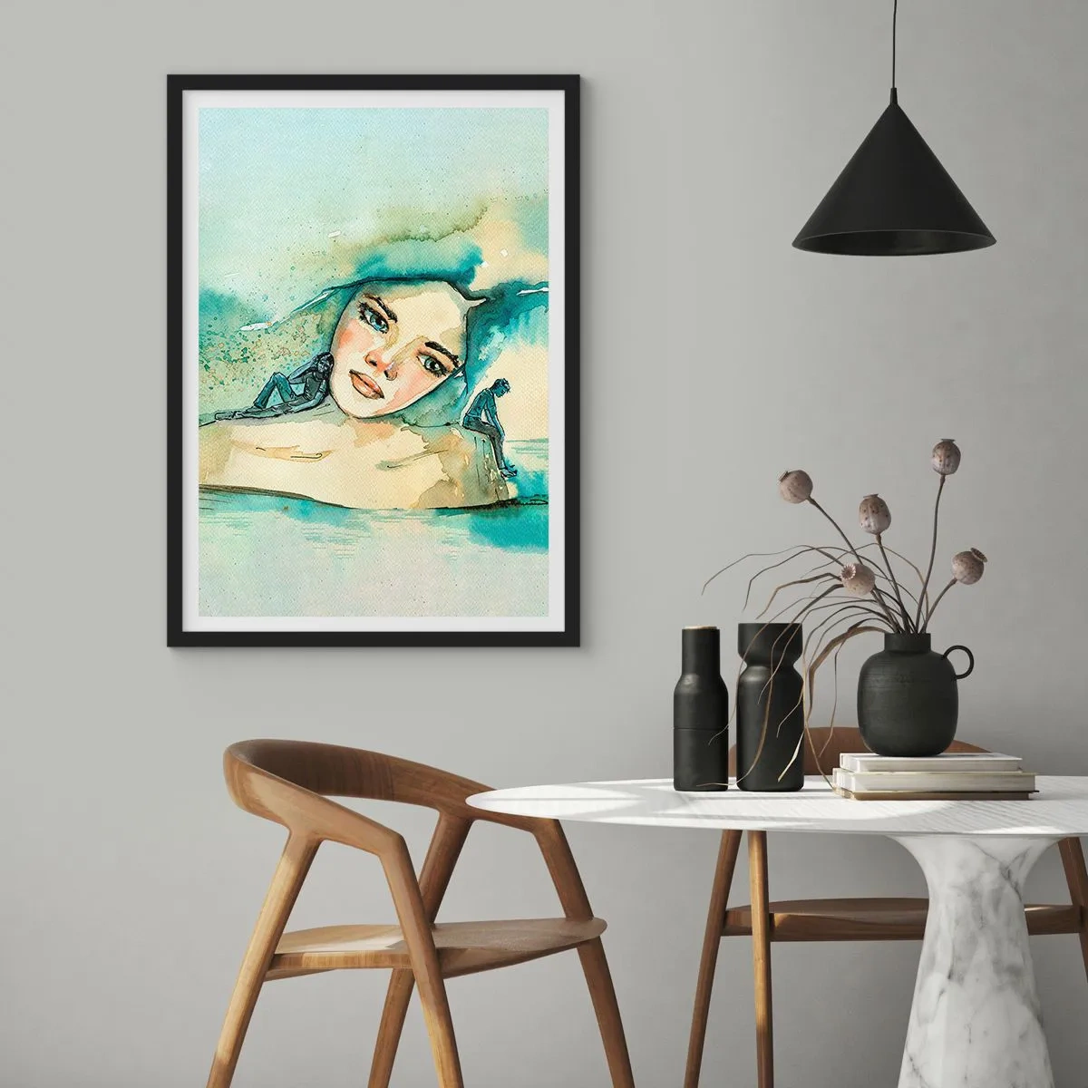 Plakat i sort ramme - Portræt af en kvinde i kunstnerisk akvarelstil - 50x70cm - Am I blue? - Moderne vægdekoration til stue og soveværelse ARTTOR