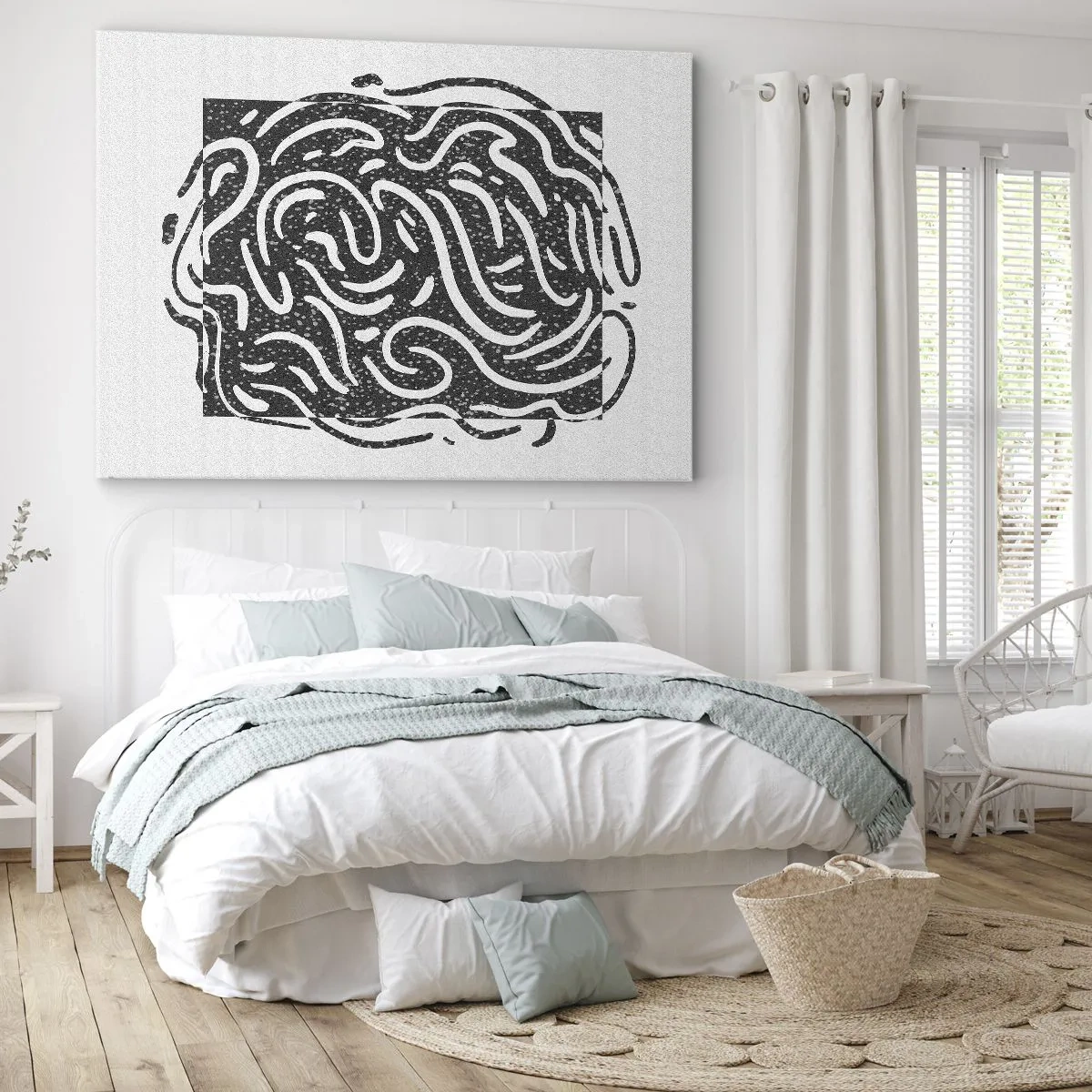 Lærredstryk - Billede på lærred - Sort-hvid abstraktion i geometrisk stil - 70x50cm - Abstraktion: en dans af glæde - Moderne vægdekoration til stue og soveværelse ARTTOR