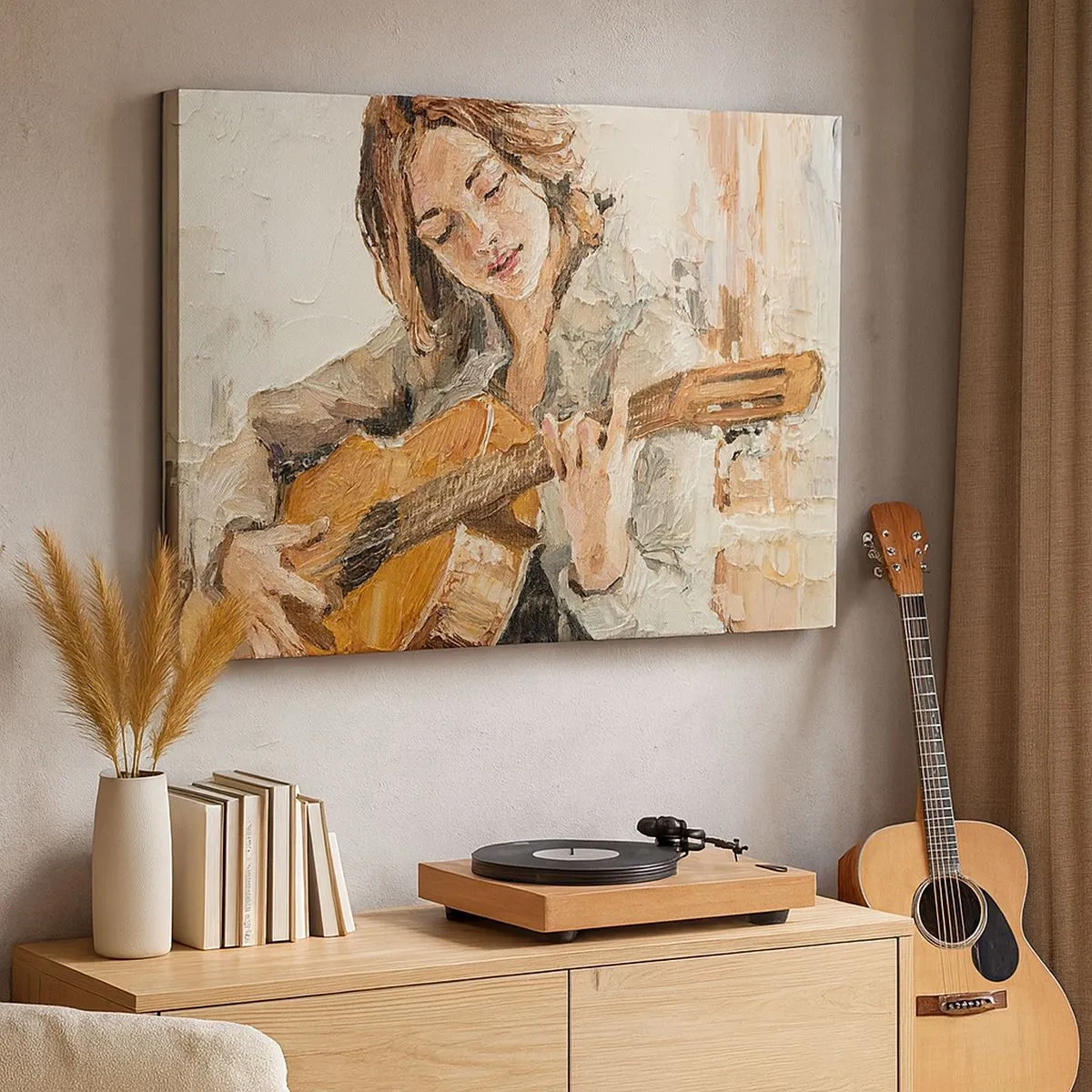 Lærredstryk - Billede på lærred - Portræt af en pige, der spiller guitar, i malerisk stil med varme farver. - 70x50cm - Koncert for guitar og et pigehjerte - Moderne vægdekoration til stue og soveværelse ARTTOR
