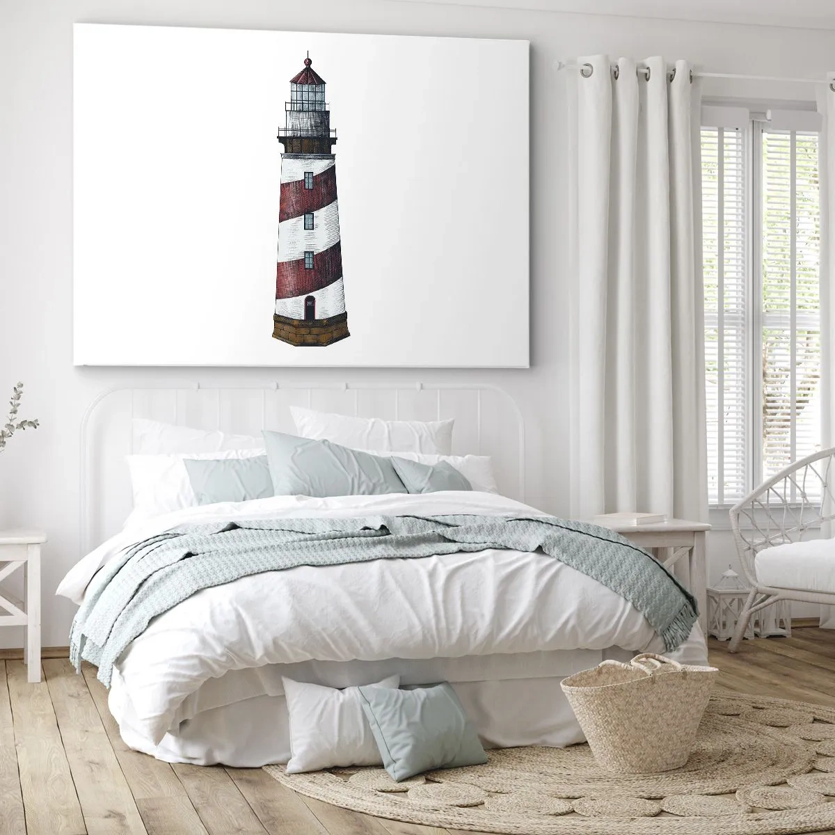 Lærredstryk - Billede på lærred - Et tegneseriebillede af et fyrtårn med røde og hvide striber på en minimalistisk baggrund. - 70x50cm - Altid på vagt - Moderne vægdekoration til stue og soveværelse ARTTOR