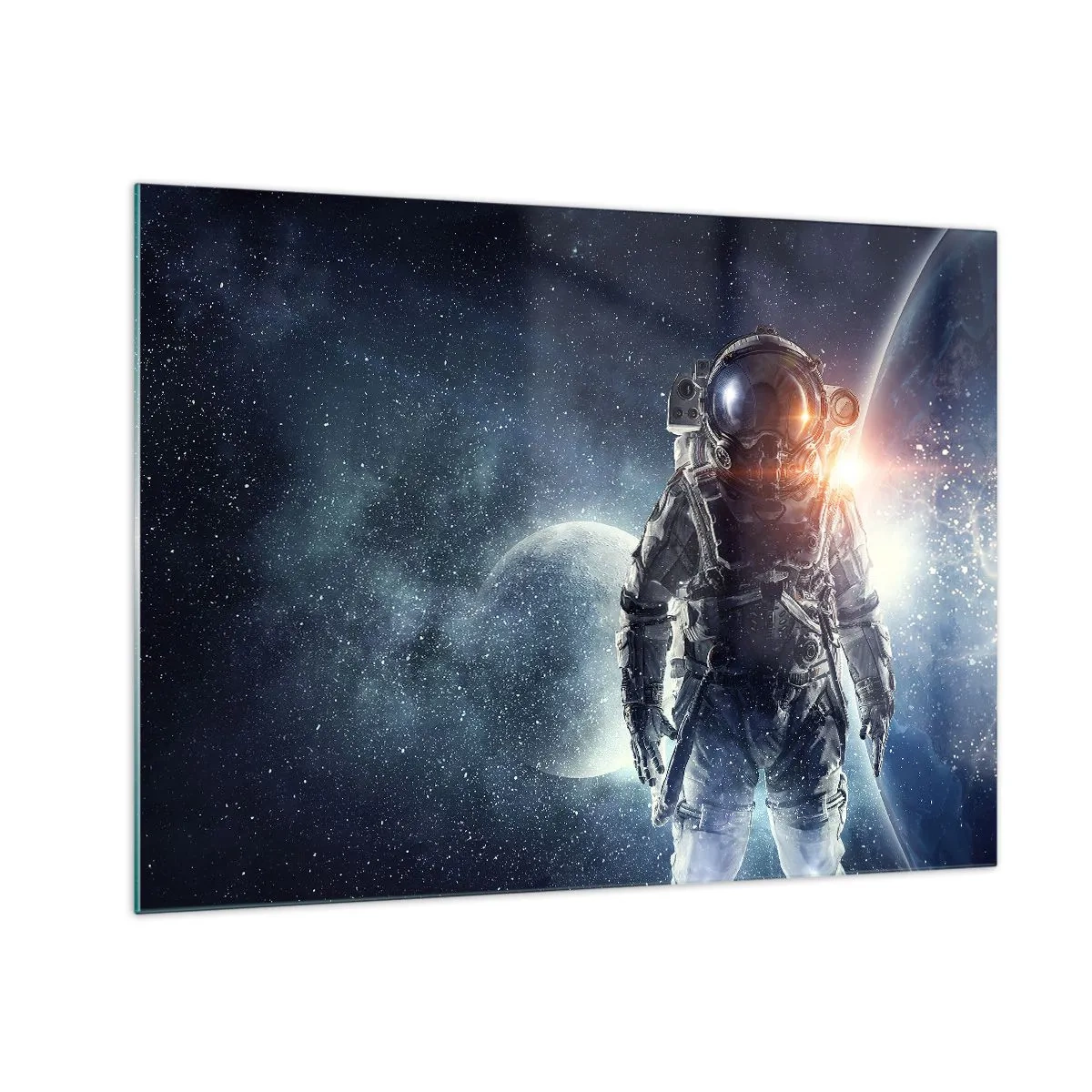 Billede på glas - Astronaut på baggrund af planeter og stjerner - 70x50cm - Et kosmisk eventyr - Moderne vægdekoration til stue og soveværelse ARTTOR