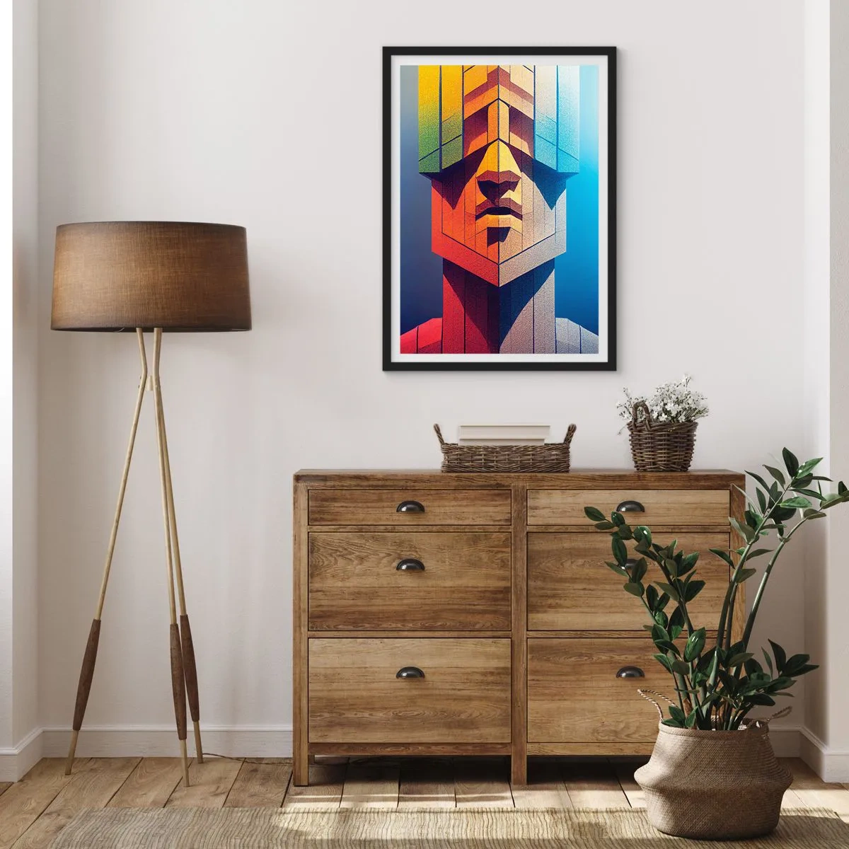 Plakat i sort ramme - Et monumentalt ansigt i geometrisk stil - 50x70cm - En mand med principper - Moderne vægdekoration til stue og soveværelse ARTTOR